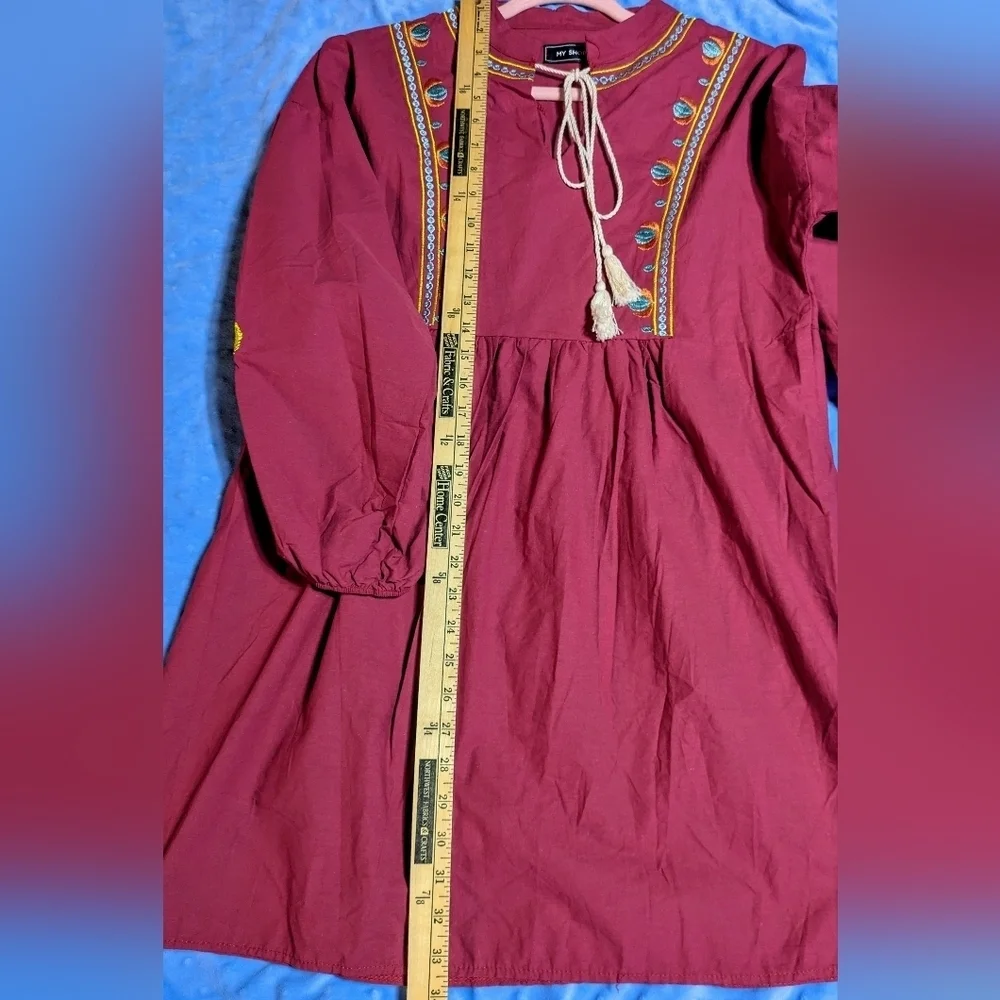 Boho Embroidered Burgundy Peasant Mini Dress Floral Sleeve Festival‎ Cottagecore - Picture 9 of 11